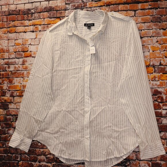 J. Crew Blouse Stripe Long Roll tab Sleeves Epaulets Button Front Women Size L - Picture 3 of 11